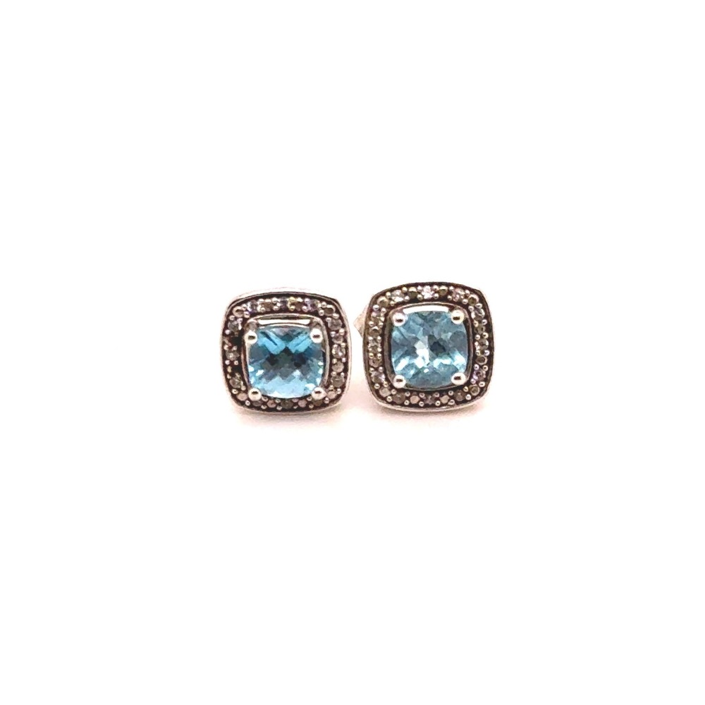 Sterling Silver 925 Blue Topaz Cushion Cut Square Halo Stud Earrings